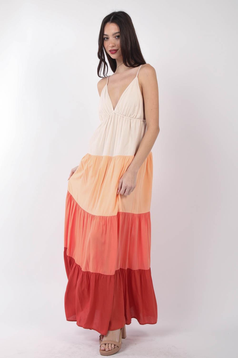 VERY J Color Block Tiered Maxi Cami Dress - AMIClubwear