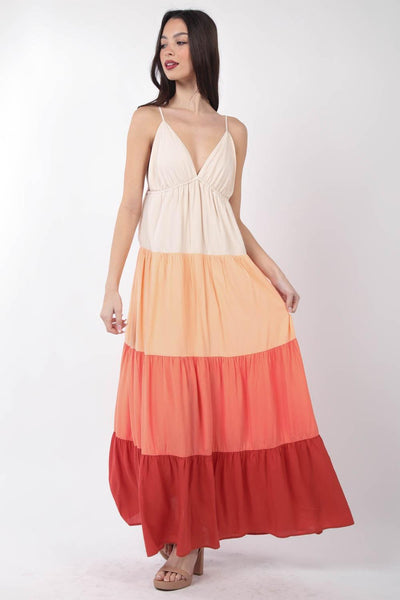 VERY J Color Block Tiered Maxi Cami Dress - AMIClubwear