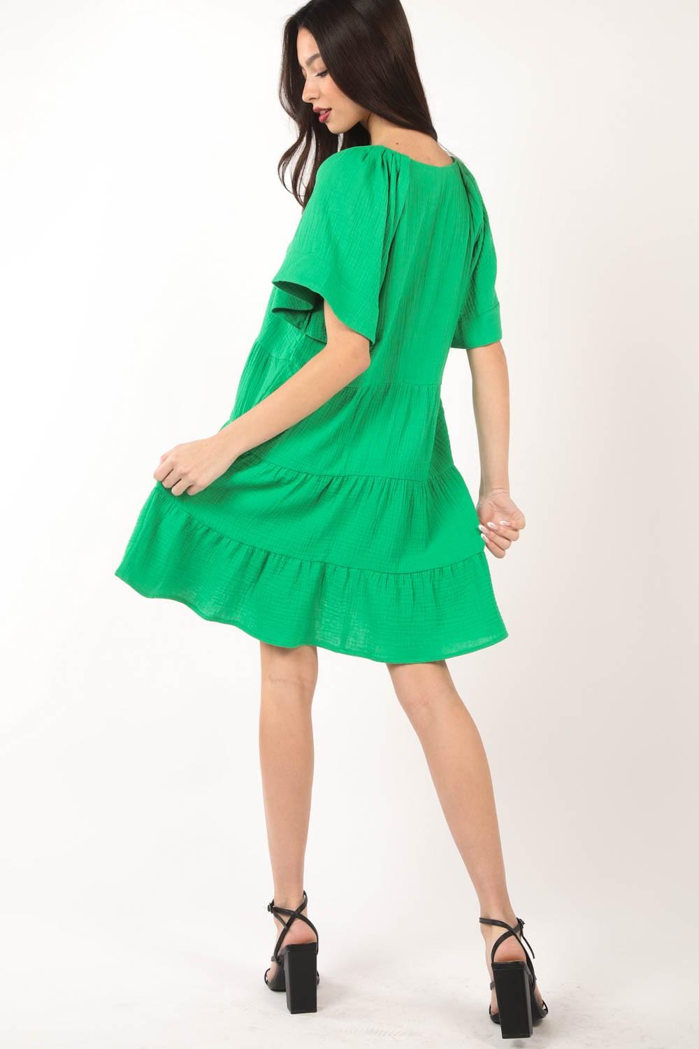 VERY J Texture V-Neck Ruffled Tiered Dress - AMIClubwear