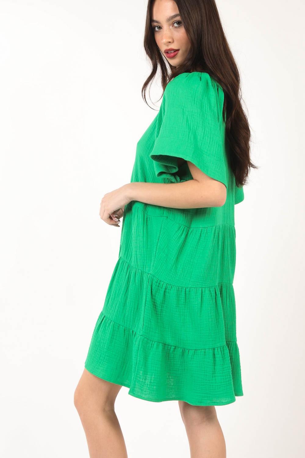 VERY J Texture V-Neck Ruffled Tiered Dress - AMIClubwear