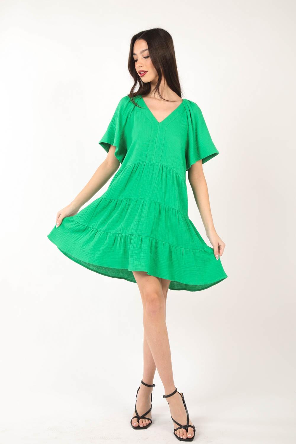 VERY J Texture V-Neck Ruffled Tiered Dress - AMIClubwear