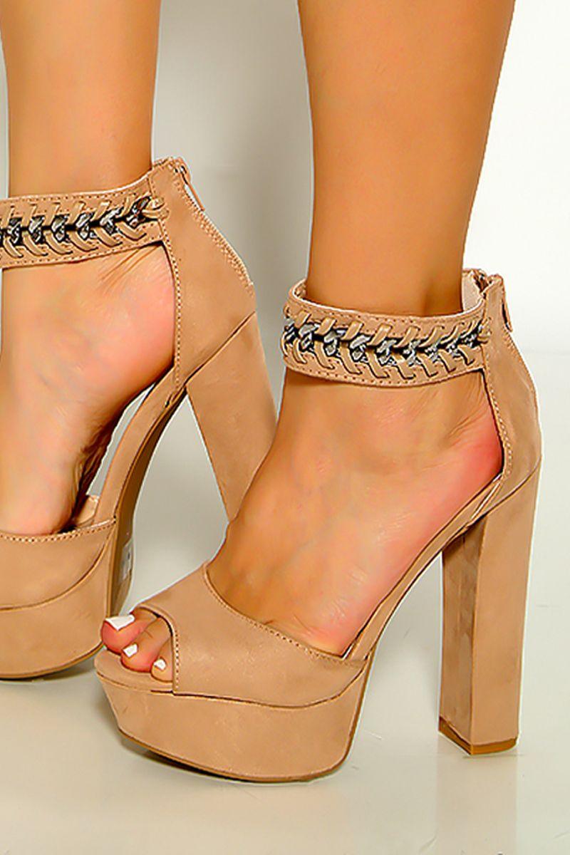 Warm Taupe Ankle Strap Peep Toe Platform Chunky High Heels - AMIClubwear