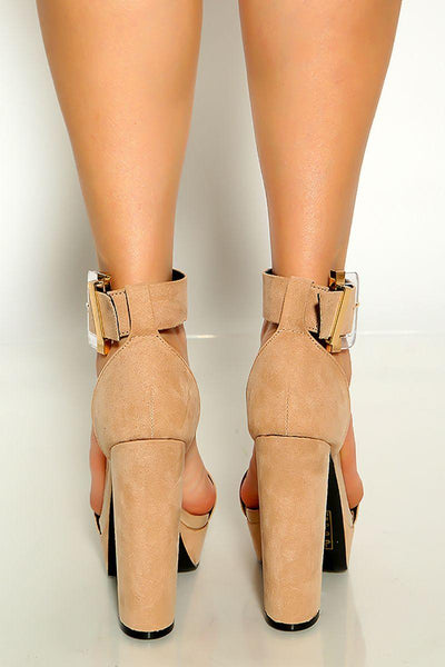 Warm Taupe Open Toe Espadrille Platform Chunky High Heels - AMIClubwear