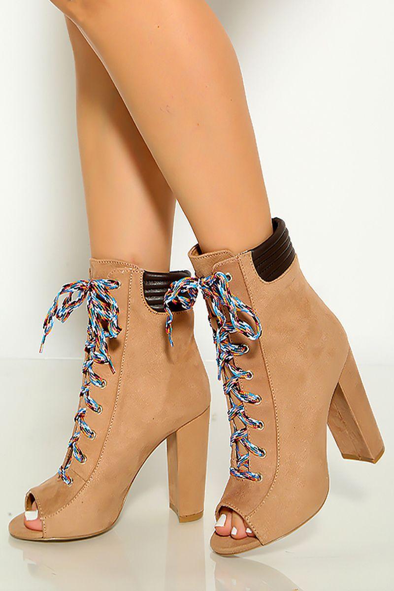 Warm Taupe Open Toe Lace Up Chunky High Heels - AMIClubwear
