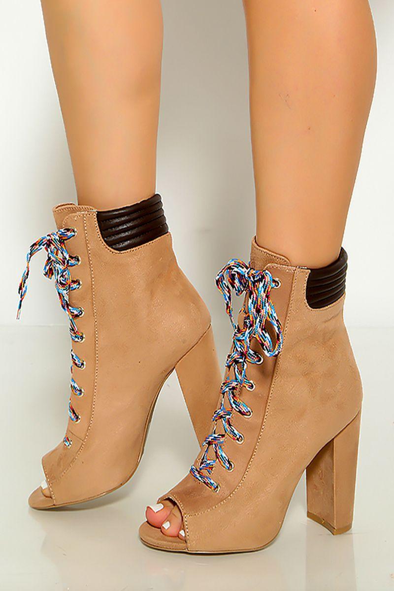 Warm Taupe Open Toe Lace Up Chunky High Heels - AMIClubwear