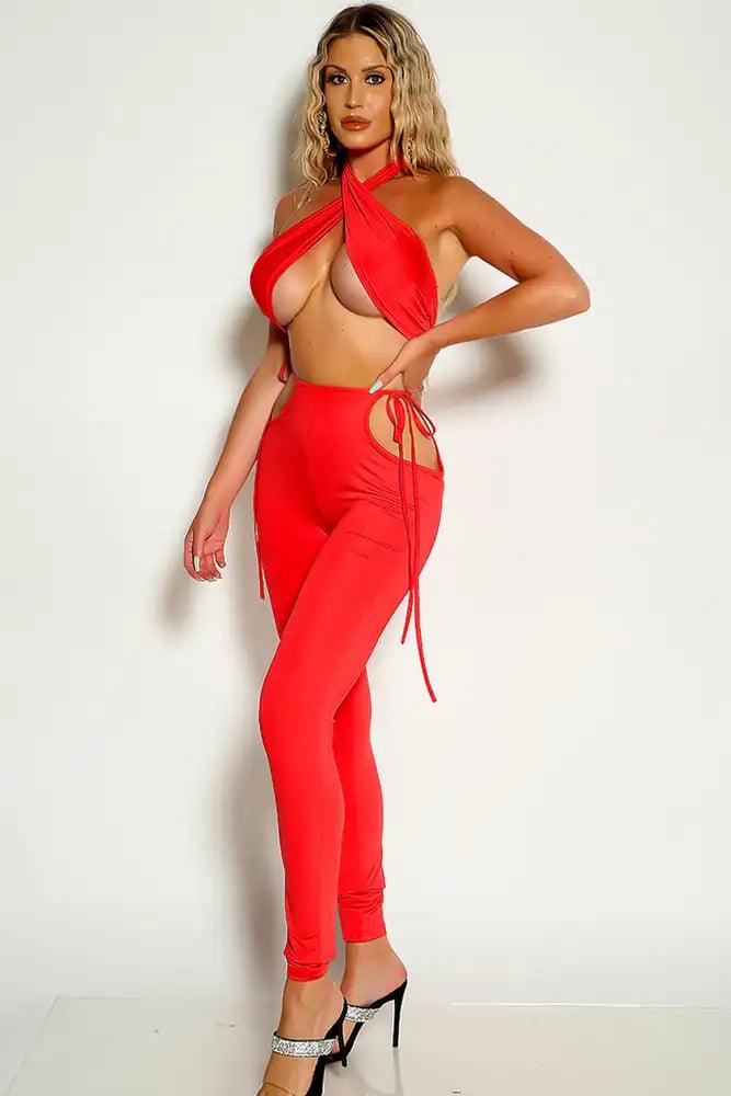 Watermelon Cross Halter Strap Side Tie Two Piece Outfit - AMIClubwear