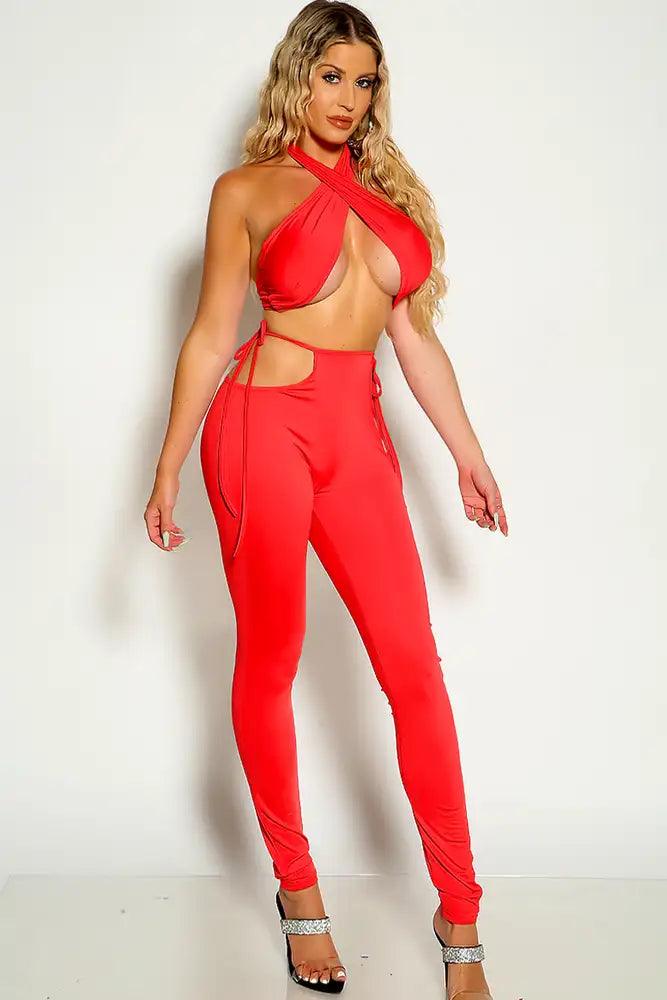 Watermelon Cross Halter Strap Side Tie Two Piece Outfit - AMIClubwear