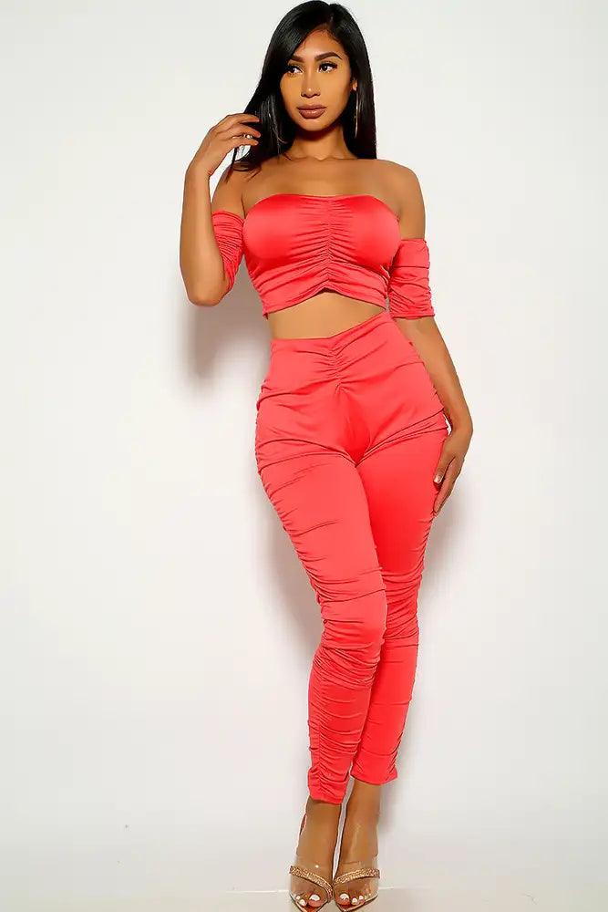 Watermelon Off the Shoulder Two Piece Outfit - AMIClubwear