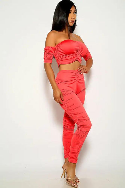Watermelon Off the Shoulder Two Piece Outfit - AMIClubwear