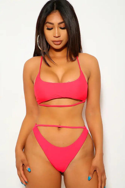 Watermelon Two Piece Cut Out Strappy Swimsuit - AMIClubwear