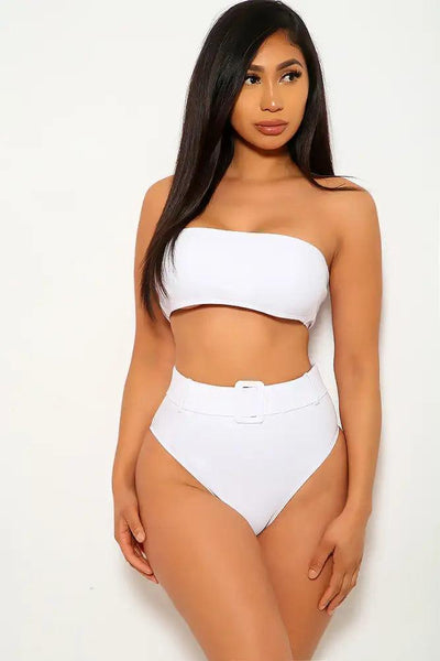 White Bandeau Belted Two Piece Swimsuit - AMIClubwear