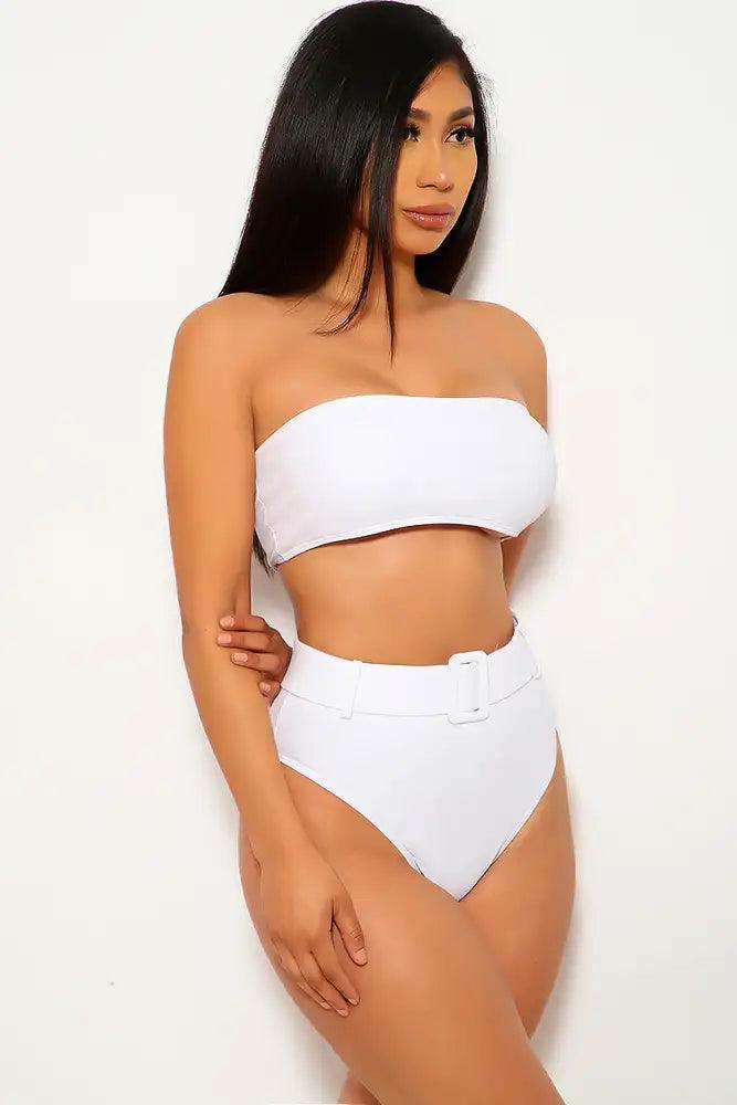 White Bandeau Belted Two Piece Swimsuit - AMIClubwear