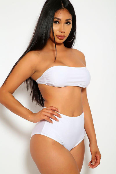 White Bandeau High Waisted 2 Pc. Swimsuit - AMIClubwear
