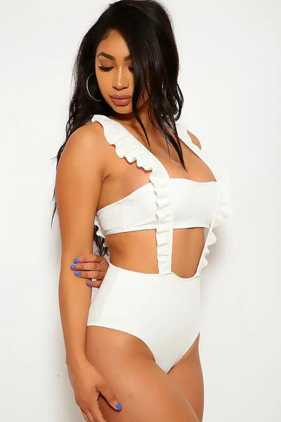 White Bandeau Ruffled Two Piece Swimsuit - AMIClubwear