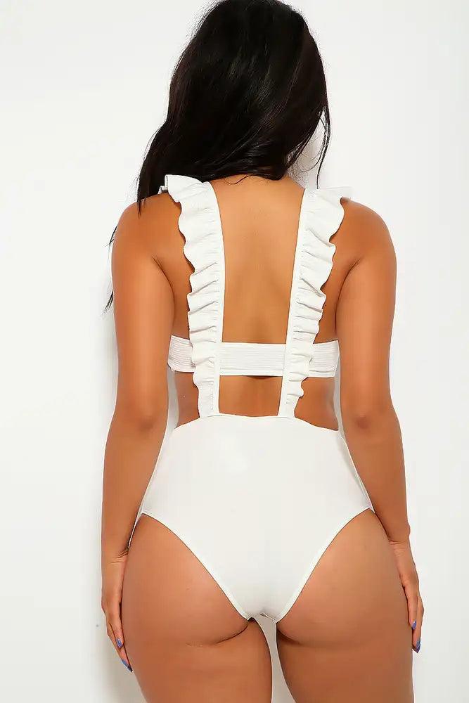 White Bandeau Ruffled Two Piece Swimsuit - AMIClubwear