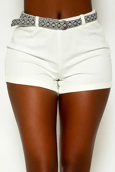 White Belted Mid Waist Shorts - AMIClubwear