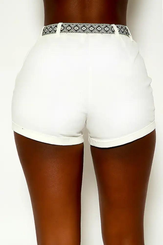 White Belted Mid Waist Shorts - AMIClubwear