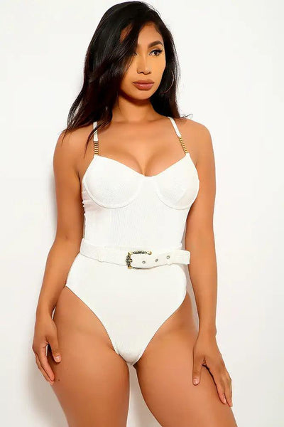 White Belted Velvet One Piece Swimsuit - AMIClubwear