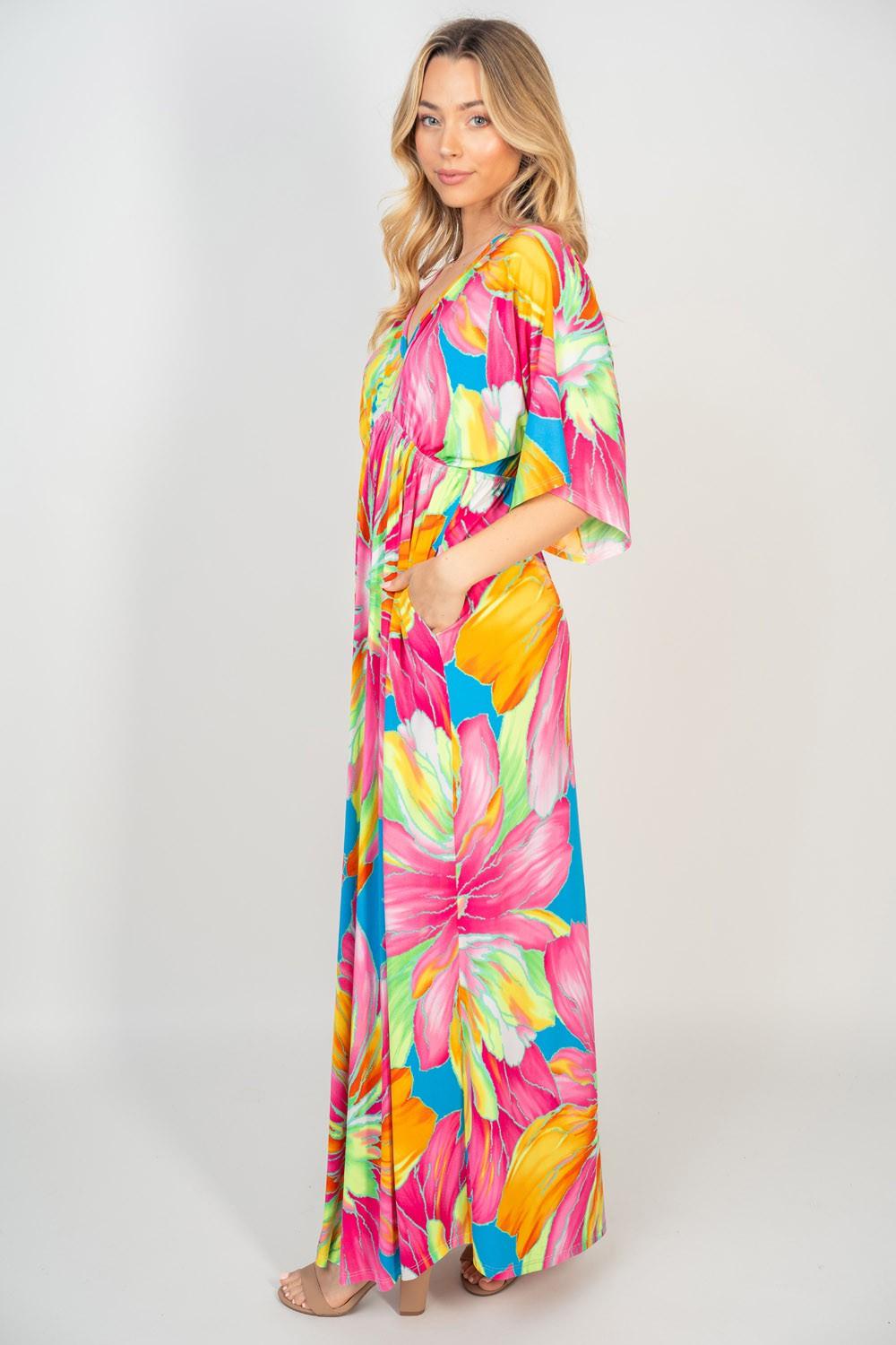 White Birch Printed V-Neck Maxi Dress with Pockets - AMIClubwear