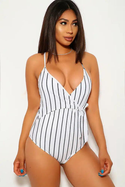 White Black Bow Accent One Piece Swimsuit - AMIClubwear