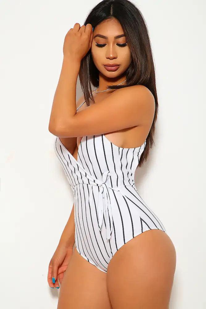 White Black Bow Accent One Piece Swimsuit - AMIClubwear