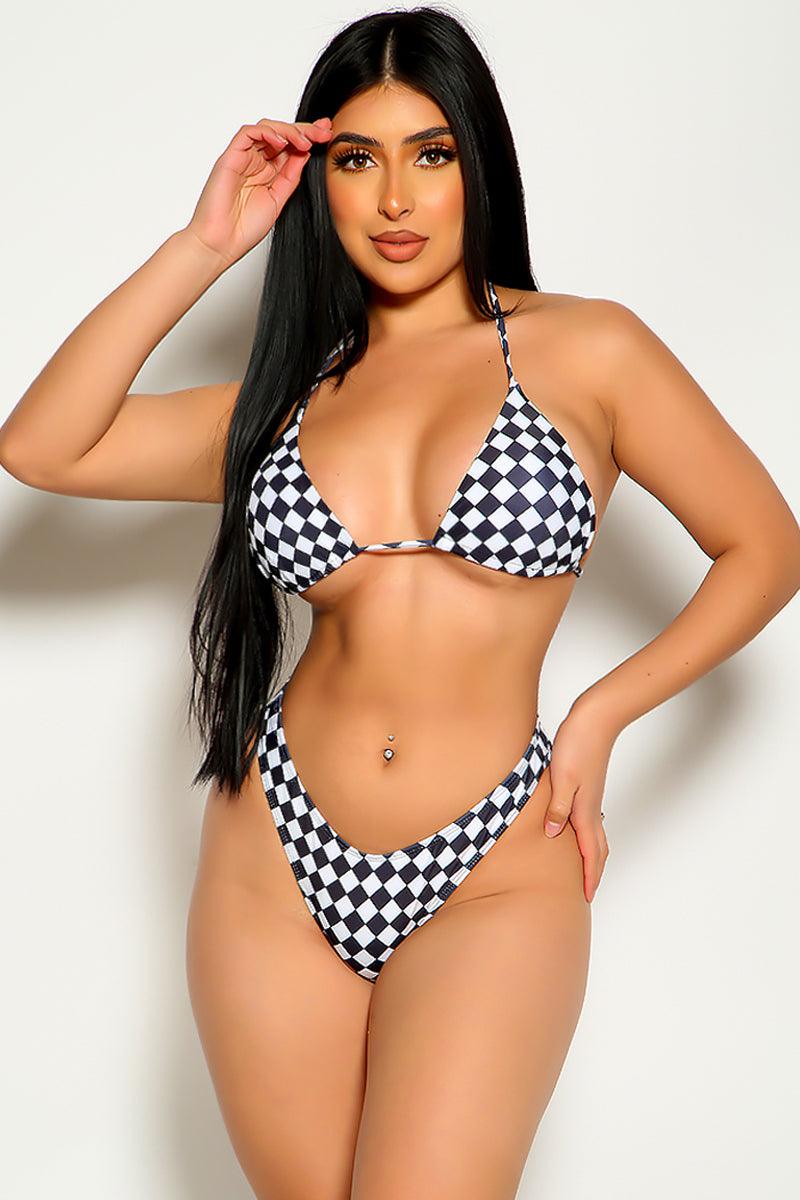 White Black Checkered Print Netted Three Piece Swimsuit - AMIClubwear