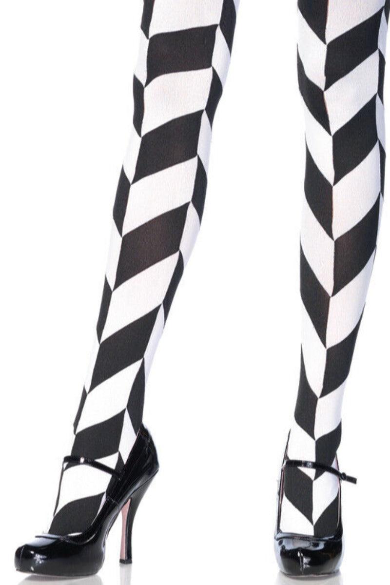 White Black Chevron Illusion Opaque Tights - AMIClubwear