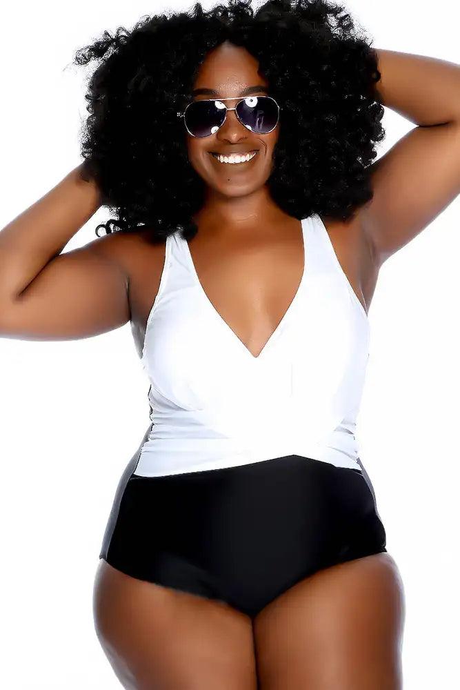 White Black Criss Cross Center Modest One Piece Swimsuit Plus - AMIClubwear