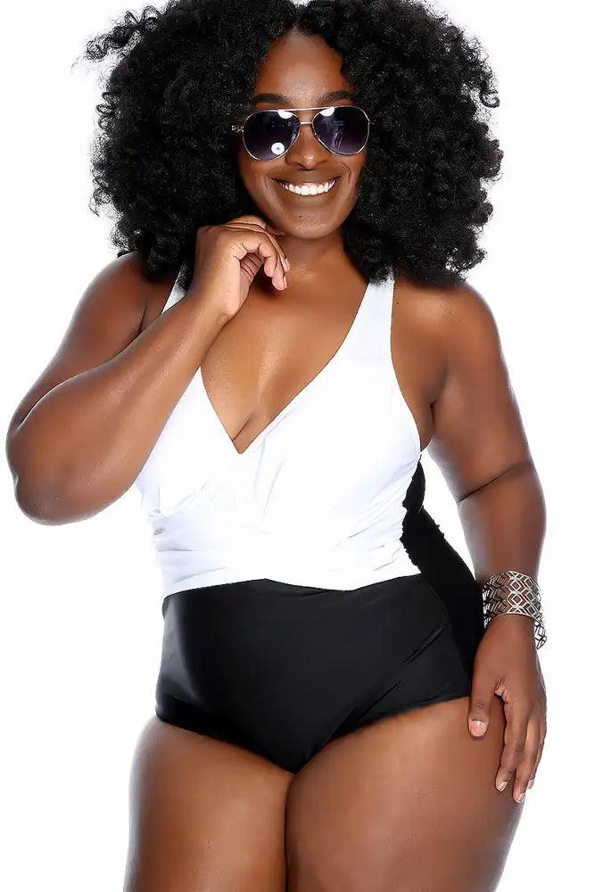 White Black Criss Cross Center Modest One Piece Swimsuit Plus - AMIClubwear