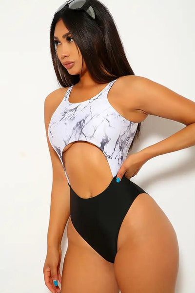 White Black Cut-Out Marble One Piece Swimsuit - AMIClubwear