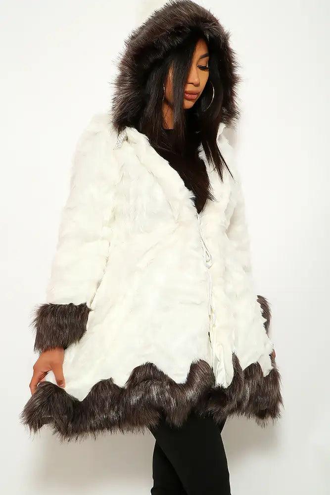 White Black Faux Fur Long Sleeve Coat - AMIClubwear