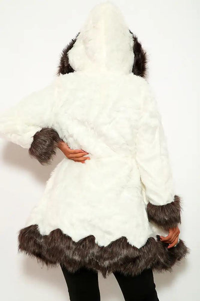 White Black Faux Fur Long Sleeve Coat - AMIClubwear