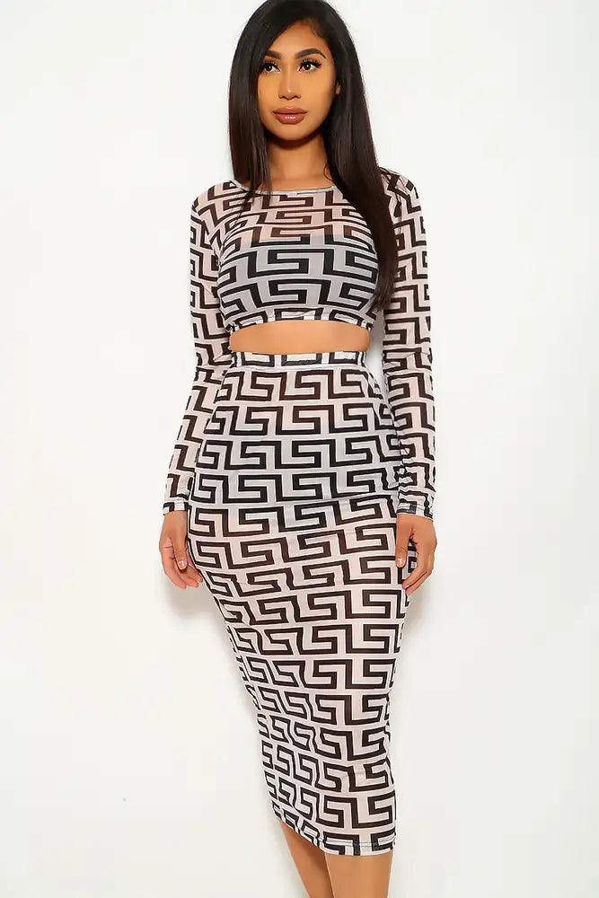 White Black Geometric Print Two Piece Dress - AMIClubwear