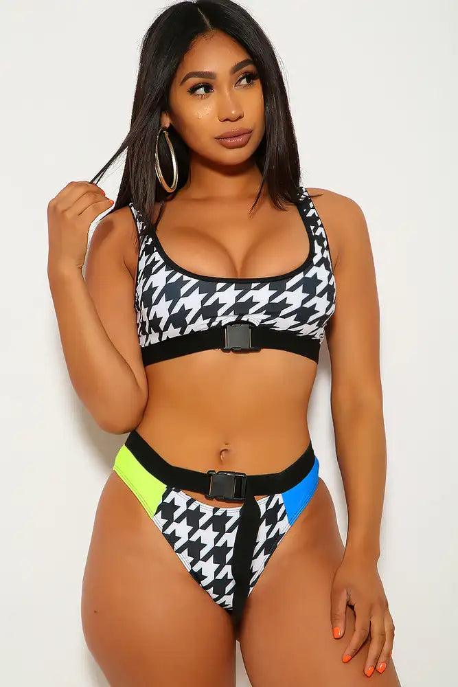 White Black Graphic Print Buckle Two Piece Swimsuit - AMIClubwear