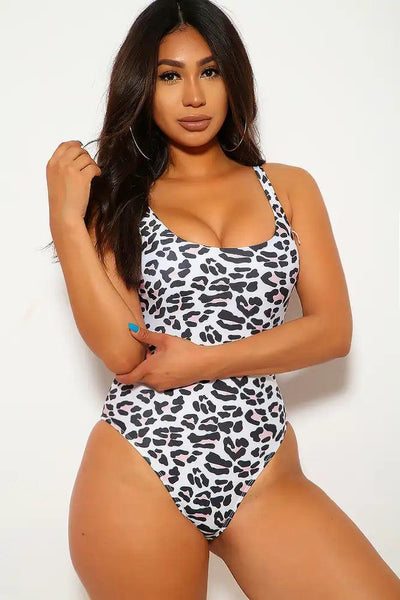 White Black Leopard Print One Piece Swimsuit - AMIClubwear