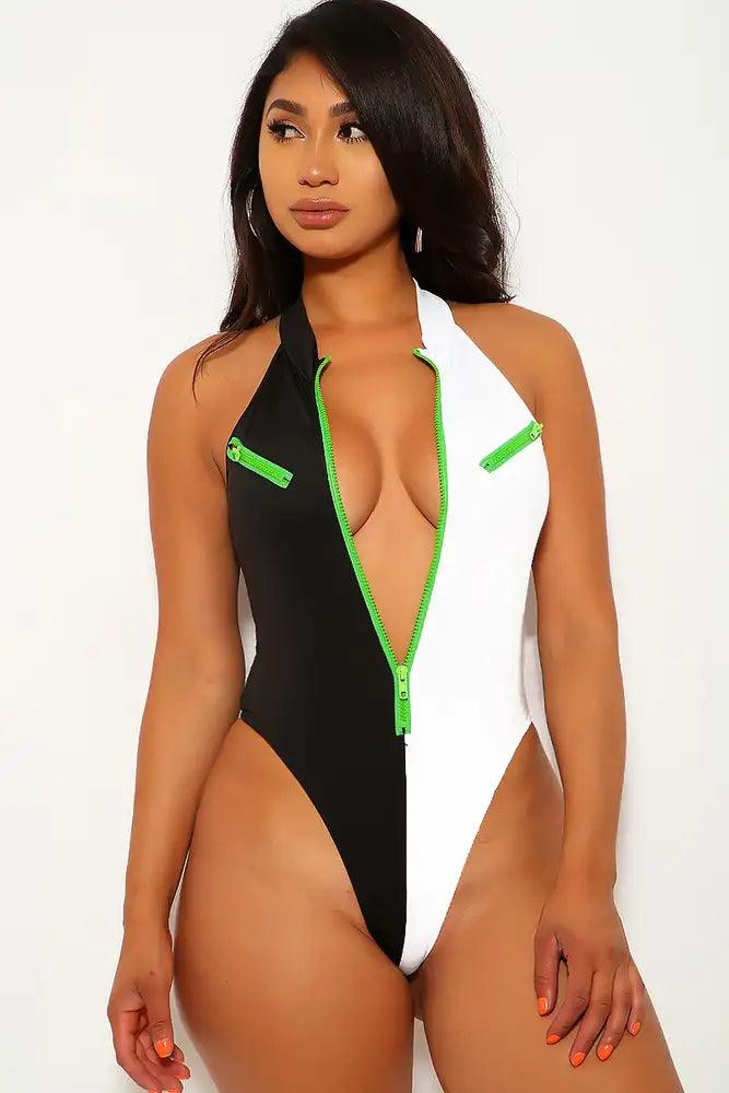 White Black Lime One Piece Swimsuit - AMIClubwear