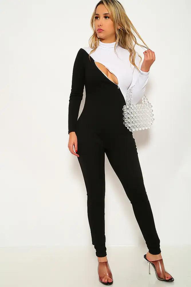 White Black Long Sleeve Jumpsuit - AMIClubwear