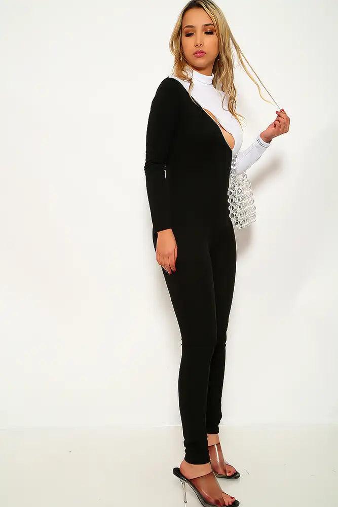 White Black Long Sleeve Jumpsuit - AMIClubwear