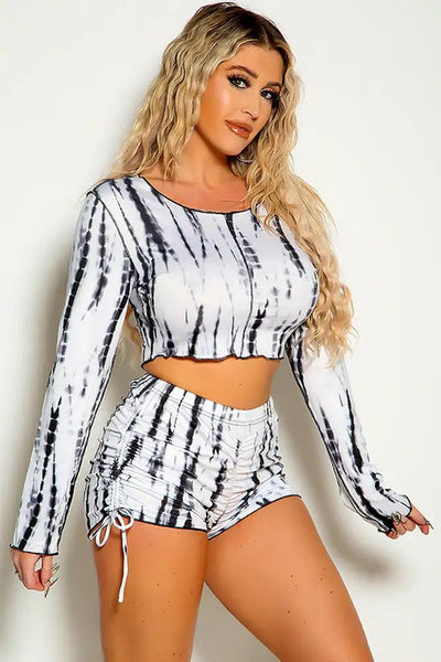 White Black Long Sleeve Ruched Two Piece ShortS Casual Outfit - AMIClubwear
