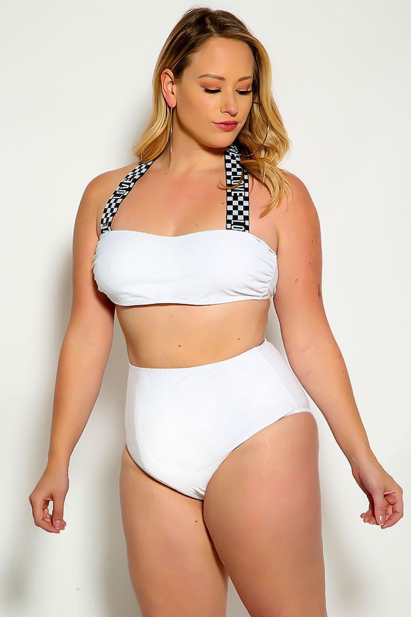 White Black Love Print Halter Bandeau High Waist Plus Size Swimsuit - AMIClubwear