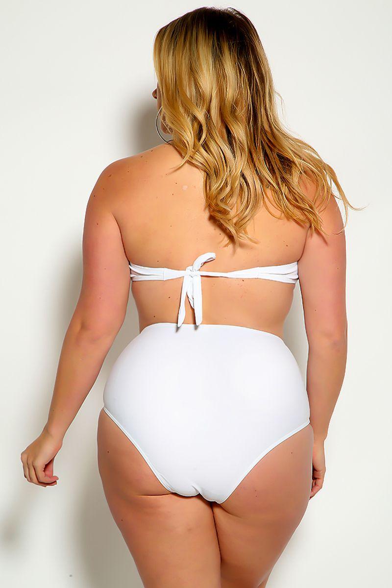White Black Love Print Halter Bandeau High Waist Plus Size Swimsuit - AMIClubwear