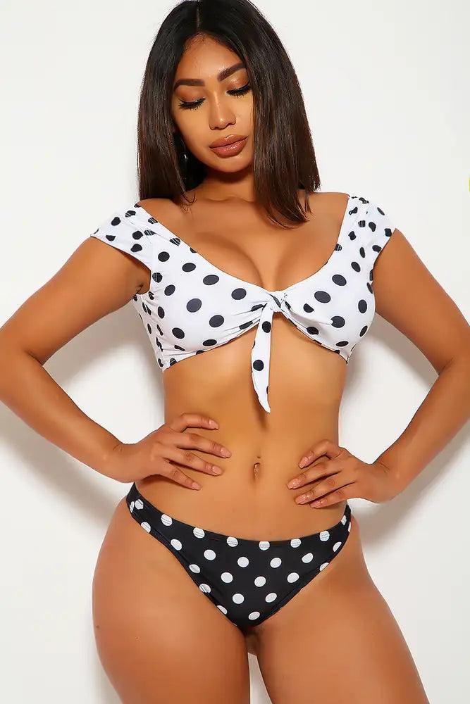 White Black Polka Dot Two Piece Swimsuit - AMIClubwear