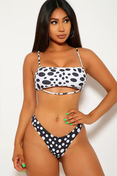 White Black Polka Dot Two Piece Swimsuit - AMIClubwear