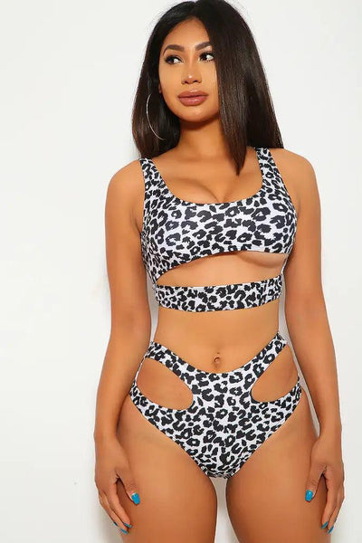 White Black Print Strappy High Waist Two Piece Swimsuit - AMIClubwear