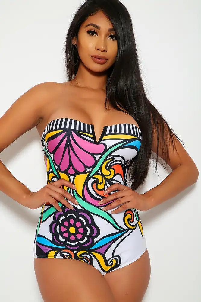 White Black Printed Bandeau One Piece Swimsuit - AMIClubwear