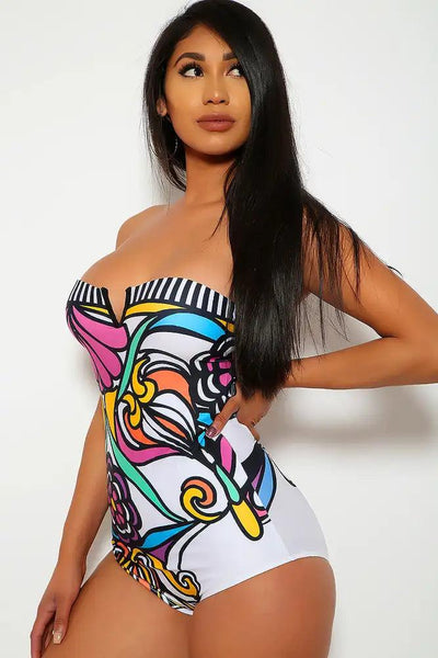 White Black Printed Bandeau One Piece Swimsuit - AMIClubwear