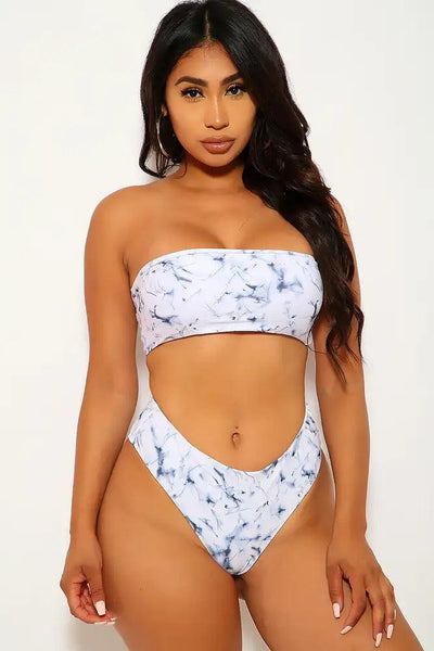 White Black Printed Bandeau Two Piece Swimsuit - AMIClubwear