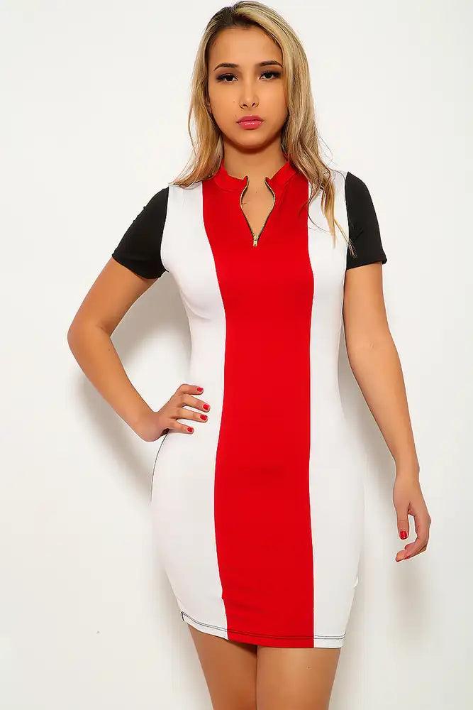 White Black Red Striped Party Dress - AMIClubwear