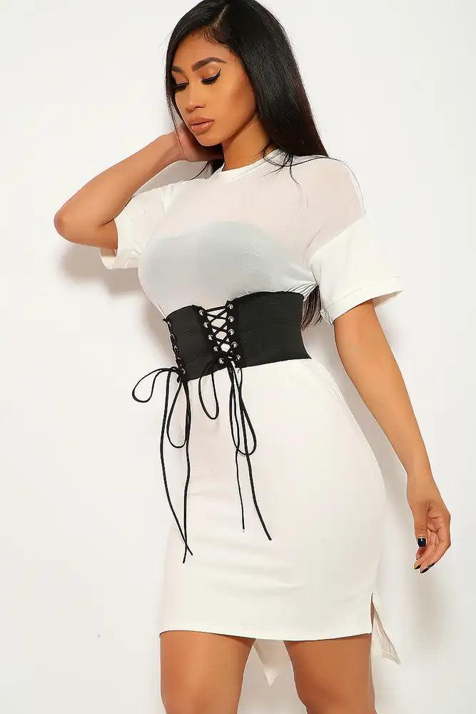 White Black Short Sleeve Belted Party Dress - AMIClubwear