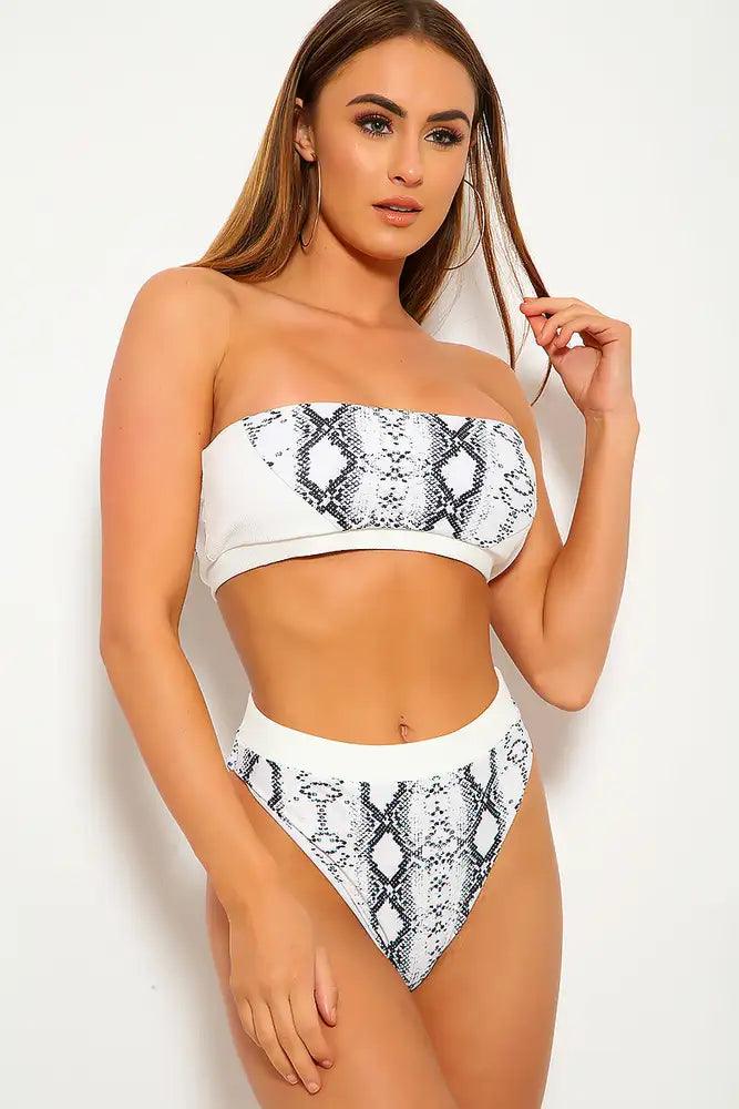 White Black Snake Print Bandeau Cheeky Two Piece Swimsuit